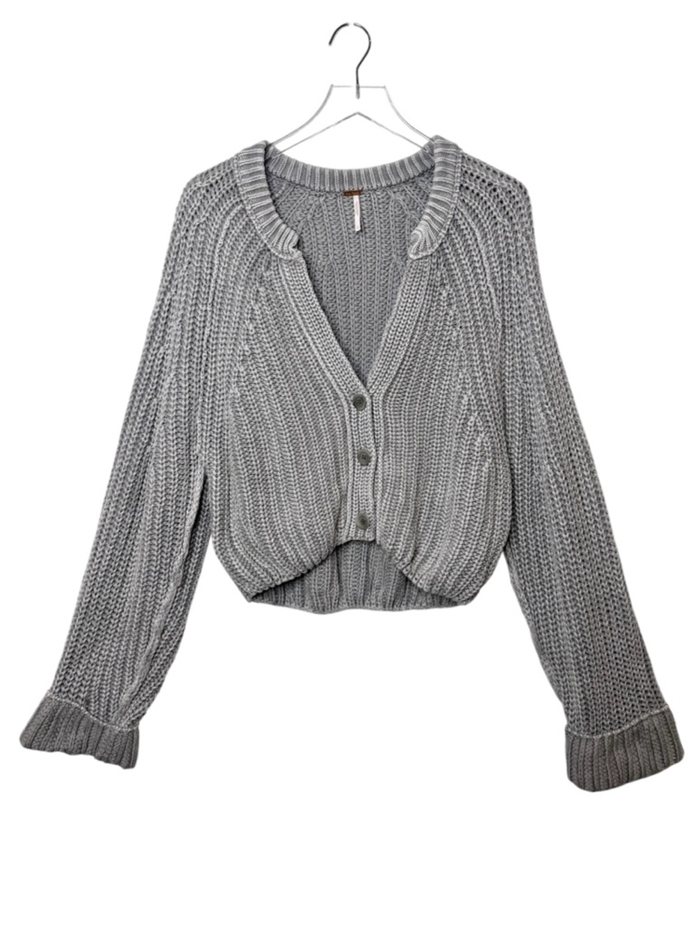 Free People Sweet Nothing Gray Chunky Women’s Cropped Cardigan Sweater Sz L - Picture 2 of 13